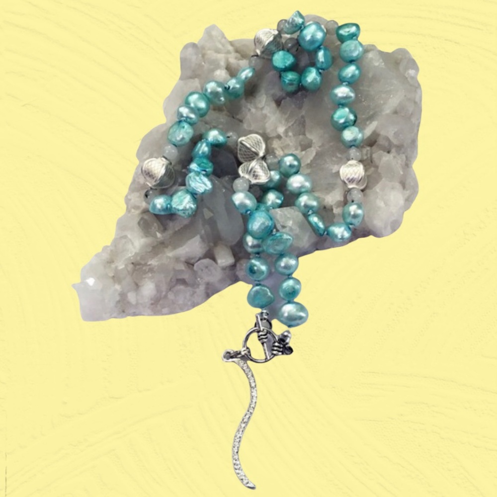 Hand Crafted Pearl Necklace Aqua Blue Green Freshwater Tourmaline Quartz Silk
